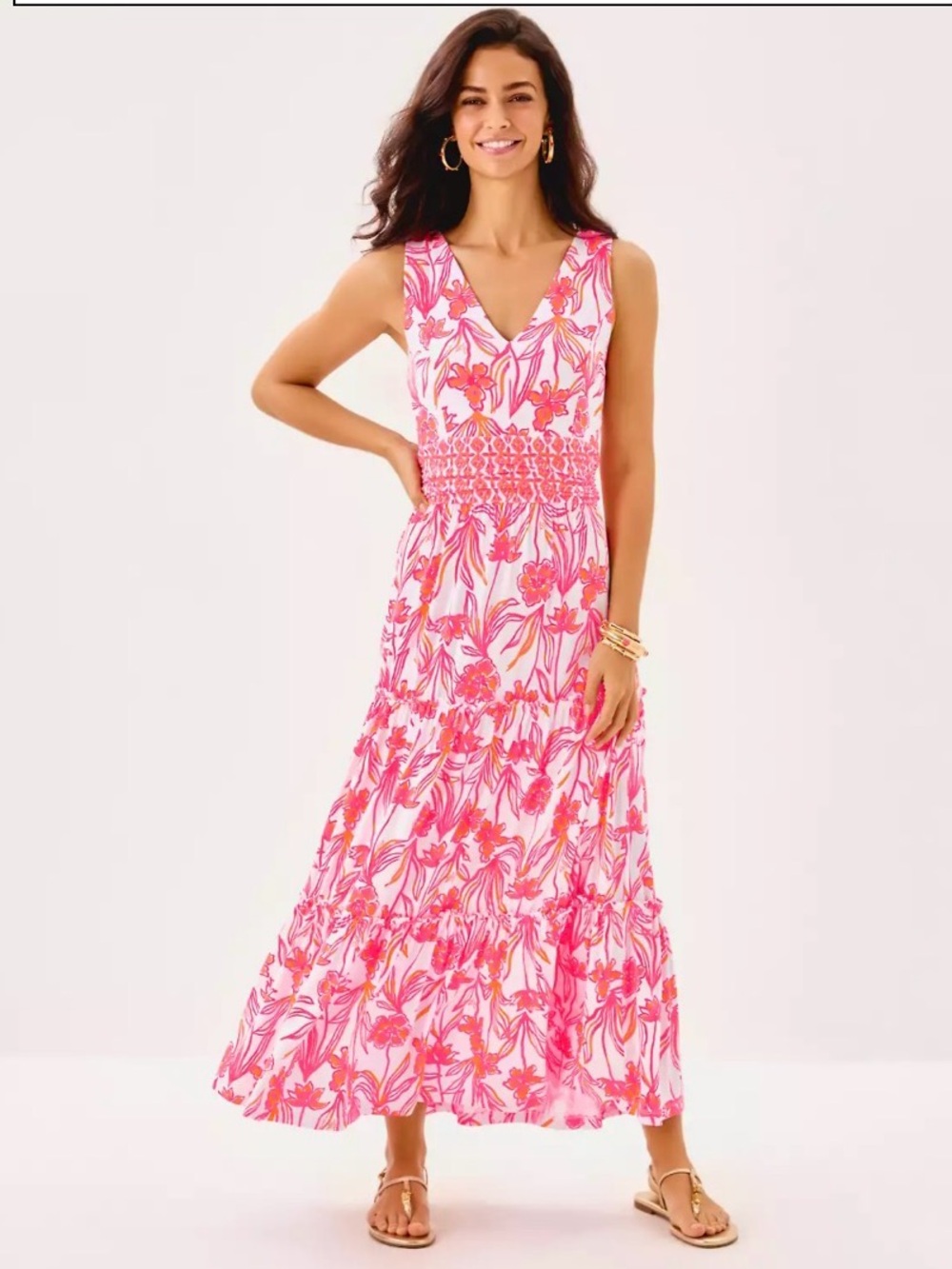 NWT 💞 Lilly Pulitzer 💞 Pink & White Floral V-Neck Midi Dress, women’s size large